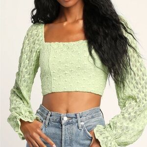 Green Mesh Lace Balloon Sleeve Crop Top